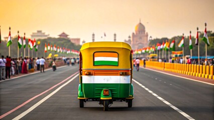 Fototapeta premium indian auto rickshaw on republic day road with national flag colors