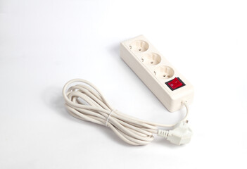 white extension cord featuring a power strip with three outlets and a red switch, set against a neutral white background.