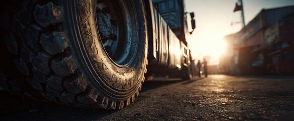 Close-up tire, truck sunset, urban street, delivery