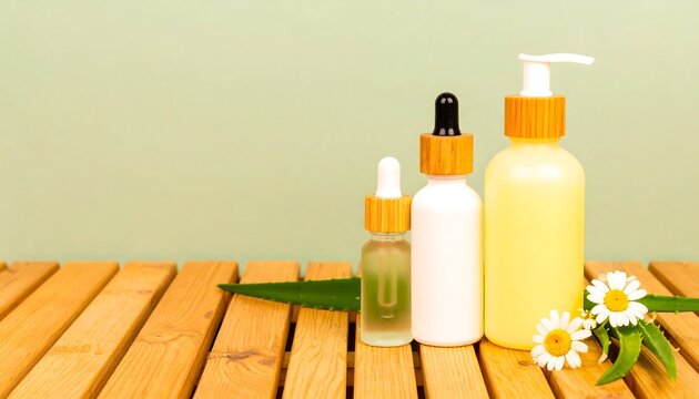A set of natural skincare products including serum and lotion bottles with chamomile and aloe vera on a wooden surface.