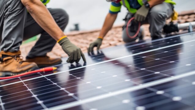 Workers installing solar panels on a rooftop with safety gear and tools in bright daylight setting