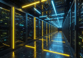 Futuristic Server Room with Glowing Neon Lights