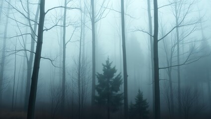 A foggy forest scene with tall bare trees and evergreen trees shrouded in a thick mist and haze