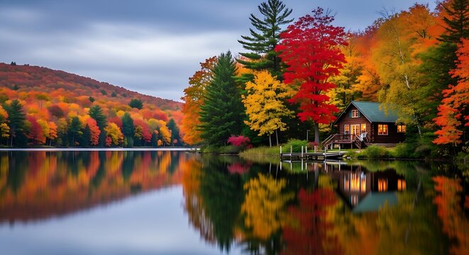 Picturesque autumn landscape featuring a cozy cabin by a calm lake, surrounded by vibrant fall foliage and reflected in the water under a dramatic sky - Powered by Adobe