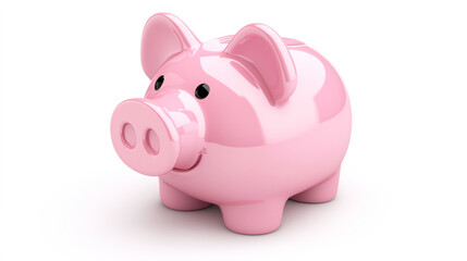 Obraz premium A pink piggy bank with a smiling face, standing on a white surface with a white background.