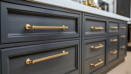 Elegant Luxury Kitchen Cabinets with Gold Handles and Marble Countertop in a Modern Interior Design Setting
