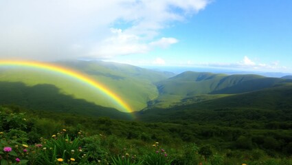 A landscape view of rolling green hills with a rainbow and a blue sky with scattered clouds above