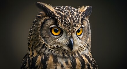 Close up portrait of an eagle owl with striking orange eyes and detailed brown and white feathers staring