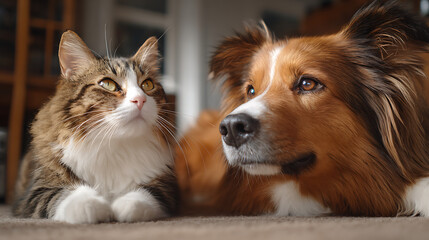 Obraz premium A cat and a dog peacefully resting together on a cozy carpet in a warm living room