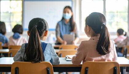 Back view of two elementary school girls sitting at desks, looking at a teacher in a bright classroom

