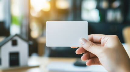 A hand holding a blank white card in front of a blurred background with a house model
