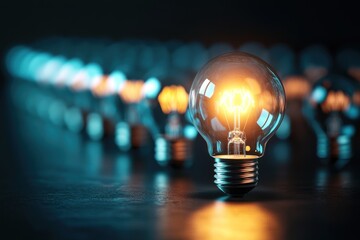Abstract concept of innovation with solitary bright bulb in endless row of transparent unlit bulbs