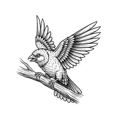 Obraz premium Detailed Sparrow Illustration on Branch Wing Spread in Flight