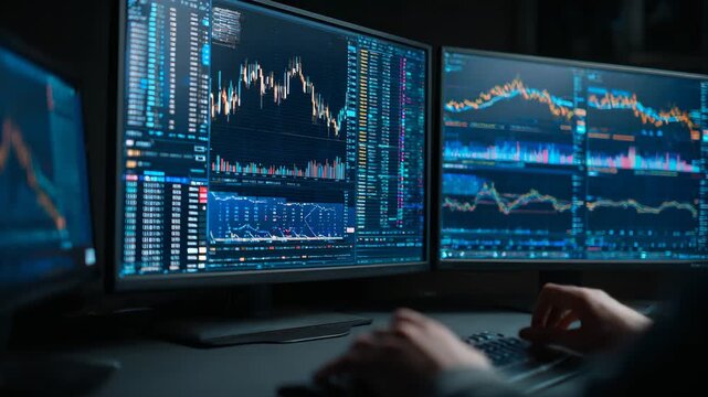Multiple monitors show live financial data and market trends.