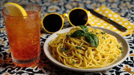 Refreshing Iced Tea with Lemon and Basil Pasta on Vibrant Summer Table Setting
