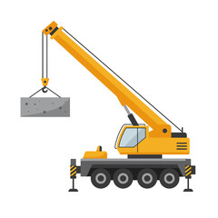 A vibrant yellow crane lifts a large, gray concrete block, set against a clean white backdrop, showcasing construction equipment in a modern, minimalist style.