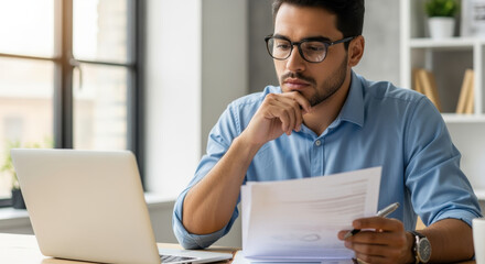 Focused Man Reading Documents with Glasses and Laptop.
