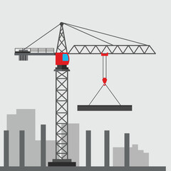 A vector illustration showcasing a construction crane lifting a concrete slab against a cityscape backdrop, symbolizing urban development and industrial progress.
