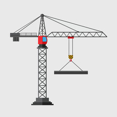 A vector illustration depicts a construction crane lifting a steel beam against a neutral background, symbolizing building and infrastructure.