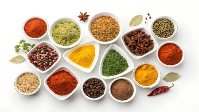 Various dry colorful curry powder spices and herbs including paprika, turmeric, chili, and cumin seeds in bowls on a white background