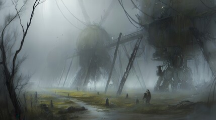 Fototapeta premium Fog-shrouded landscape with colossal, derelict machinery.