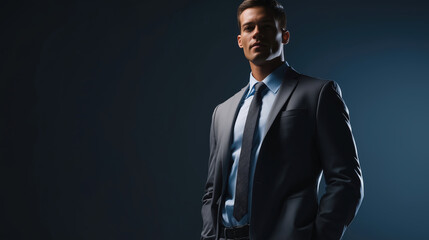 Fototapeta premium Professional Businessman in Dark Suit with Confident Pose, Modern Corporate Leadership Portrait