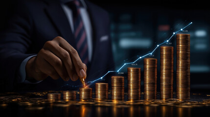 Businessman Analyzing Financial Growth with Increasing Coin Stacks and Graphs for Investment and Success Strategies