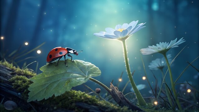 A close-up macro of a red ladybug insect on a green grass leaf in the spring nature garden