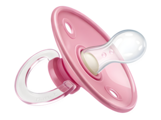 Pink baby pacifier with a clear nipple and handle isolated on black background