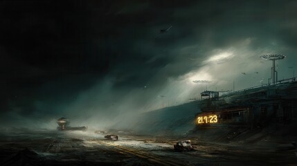 A desolate, futuristic landscape under a stormy sky.
