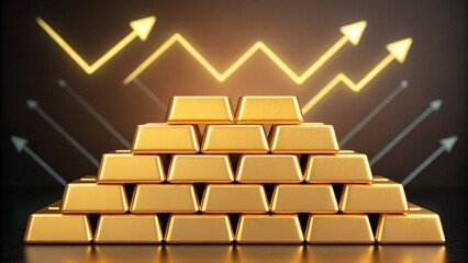 Golen Bar Trend Background Concept Gold bars stacked with upward arrows symbolizing wealth and investment growth.