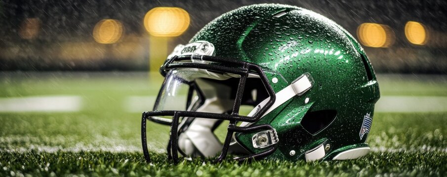 American football helmet on grass field under cloudy sky, sports equipment focus, Green resting a grassy - Powered by Adobe