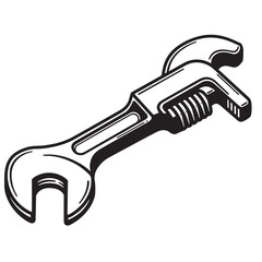 Black and white hand drawn illustration of a adjustable wrench tool isolated on white background