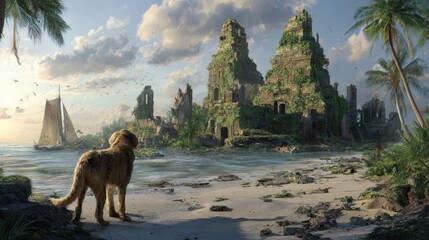 Naklejka premium A dog watches over a weathered island temple.