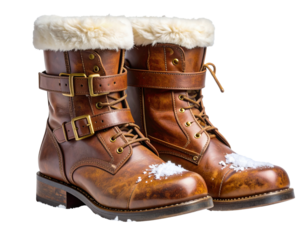  Vintage Leather Santa Boots with Buckles and Snow, isolated on transparent background PNG