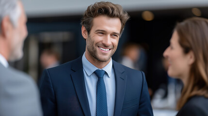 Professional Businessman Engaging in Conversation at Corporate Event, Smiling and Networking with Colleagues