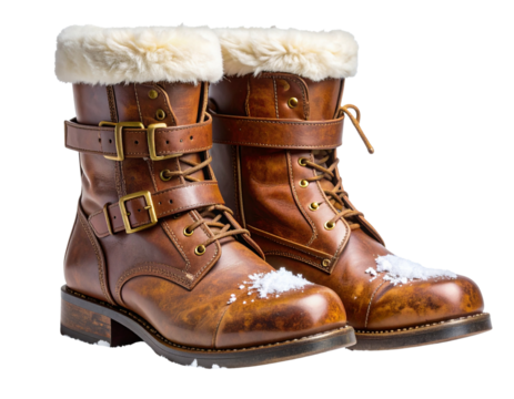 Vintage Leather Santa Boots with Buckles and Snow, isolated on transparent background PNG
