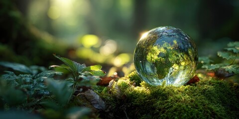 Earth globe on moss in forest sunlight; nature conservation