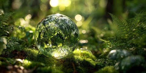 Earth globe in forest, mossy ground, sunlight, nature conservation
