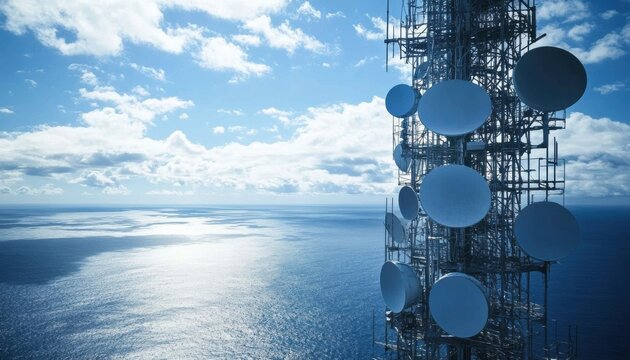 Satellite dish installation for digital connectivity technology against a blue sky backdrop, Communication with dishes