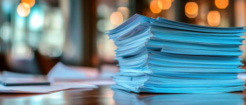 Stack of papers on desk representing heavy workload and organized paperwork in Close-up a large