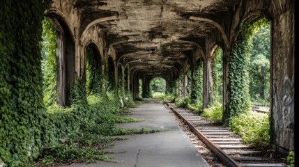 Abandoned railway tunnel overgrown with vegetation.
