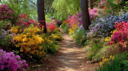 Naklejka premium A vibrant garden path lined with colorful blooming flowers and tall trees, creating a serene and picturesque natural walkway.