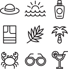 Summer Beach Essentials Vector Icons – Clean Line Art with Editable Strokes