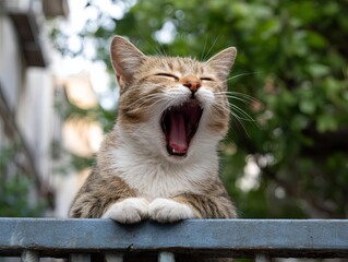 Obraz premium A relaxed cat yawning while perched on a fence outdoors.