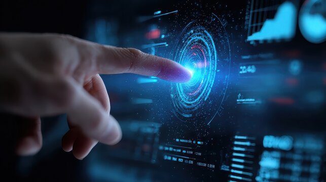 Finger touching digital interface with glowing hud elements, technology
