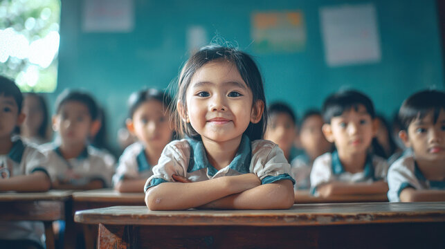 A young girl in a classroom with her arms crossed, smiling at the camera.