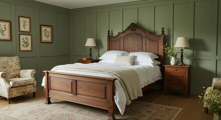Elegant bedroom featuring a wooden wainscot headboard and calming green wainscot walls
