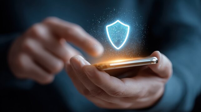 Mobile Security with Shield Icon on Smartphone held by a Person