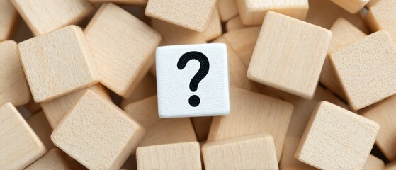 A single cube prominently displays a large question mark, suggesting curiosity and the need for answers. The cube sits amidst a textured background of wooden blocks.